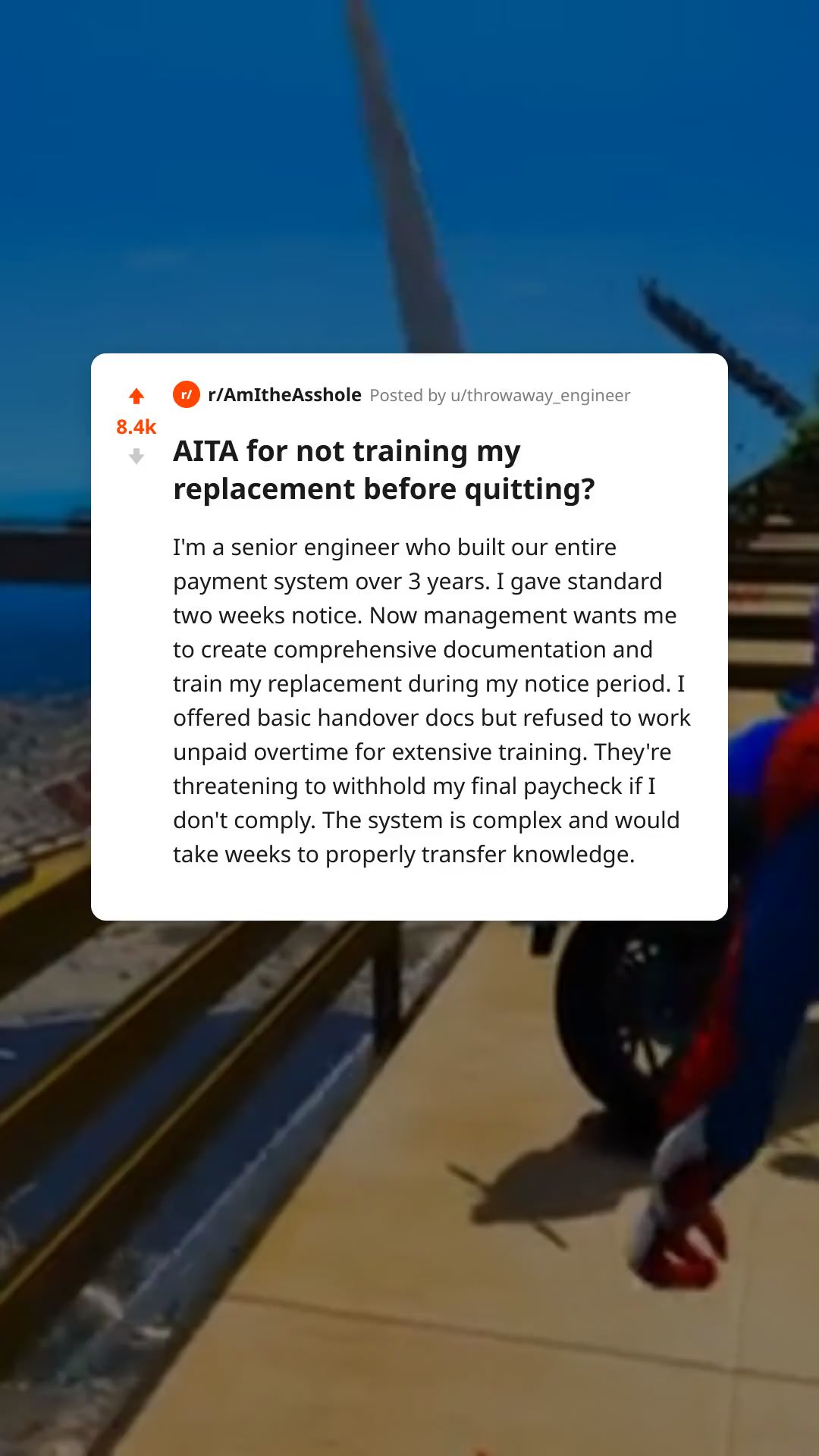 AITA for not training my replacement before quitting?: Text Story example